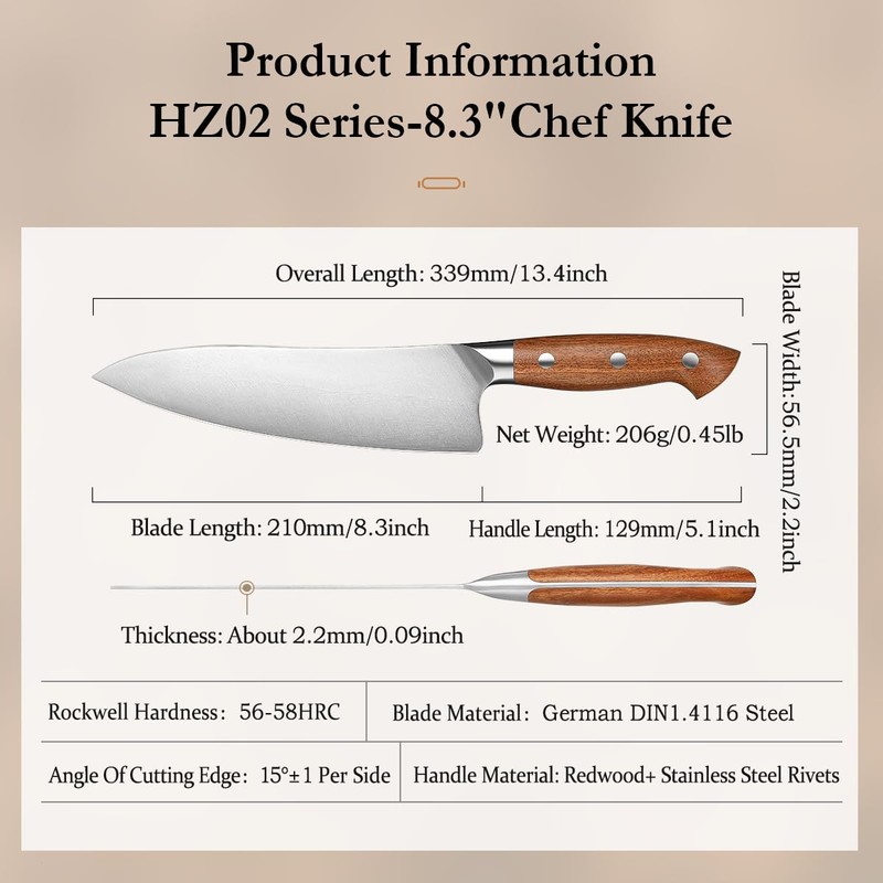 HEZHEN Pro Chefs Knives 8.3 Inch,High Carbon German 1.4116 Steel,Stainless