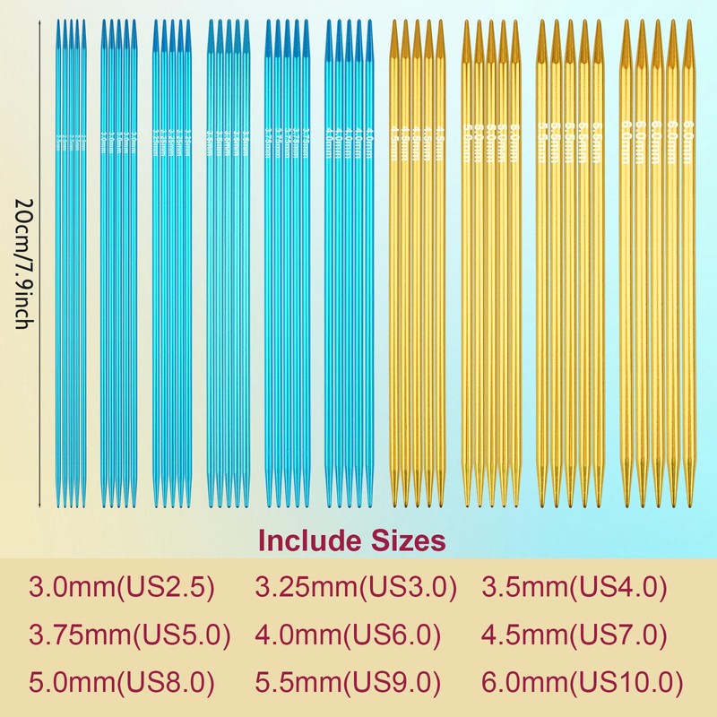 50 Pcs Double Pointed Knitting Needles Set 8 inches,10 Sizes