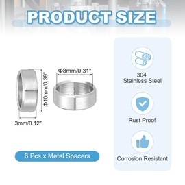 PATIKIL 6 Pcs Stainless Steel Spacers, 8mm ID x 10mm OD x 3mm Height 304 Stainless Steel Bushing Screw Standoff Unthreaded Round Spacer for 5/16" M8 Screws Bolts Nuts