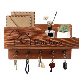Gocokia Mail and Key Holder for Wall Decorative Wooden Mail Organizer with 5 Key Hooks Wall Mounted Key Hanger with Mailbox Shelf for Mail Letters Newspapers and