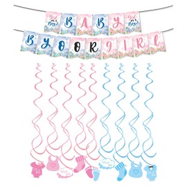 Gender Reveal Banner Decorations, Celebrating Decoration Set with Hanging Flag and Vortex Decor, Party Dressing for Baby Shower Birthday Christmas, 15 Flags and 6 Hanging Vortex Decoration