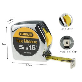 FamilyMall Retractable Tape Measure 5m 16Ft Chromium Coated Measuring Tape Imperial and Metric Measurement with Metal Belt Clip