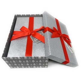 The Seasonal Shop 3 Christmas Gift Boxes Nesting Stacked Rectangle Boxes with Lids, Bows, and Holiday Tags in Assorted Sizes for Holiday Decoration or Decorative Present Wrapping (Silver Sparkle)
