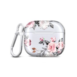 JIAXIUFEN Case for AirPods 3 Case Clear Cover Gold Glitter Flower Design Cute Protective TPU Skin Accessories for Women Girl with Keychain for Airpods 3rd Generation Case, Rose Pink