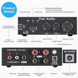 Fosi Audio BL20C Amplificador Receptor con Bluetooth 160W X2, Audio Estéreo 5.0, Reproductor U-Disk con Amplificador de Alta Resolución de 2.1 Canales