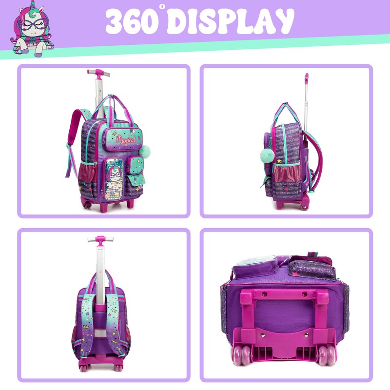 Inprof Unicorn Rolling Backpack for Girls, Wheels Backpacks for Elementary