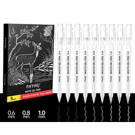 Fhyhej 9 Pack White Gel Pens - 0.6/0.8/1.0mm Fine/Medium/Bold Tip Opaque White Ink Pen, Archival & Fade-Resistant Gel Pens for Art, Drawing, Sketching, Bullet Journaling on Black Paper