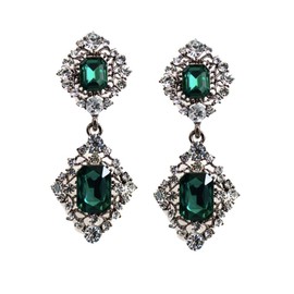 Art Deco Antique Vintage Retro Style Green Emerald Clear Rhinestone Bridal Bridesmaid Wedding Prom Statement Dangle Earrings