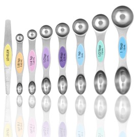 Magnetic Measuring Spoons Set of 8 with Leveler, Stainless Steel Metal Measuring Spoon, Dual Sided for Measuring Dry and Liquid Ingredients, Teaspoon Tablespoon Measure Spoons (Multicolor)
