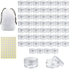 LH-55Pcs 5 Grams Sample Containers with Lids and Labels, Small Little Mini Tiny Containers, Clear Acrylic Plastic Sample Jars for Cosmetic, Creams, Makeup, Nails, 5g/5ml Empty Round Sample Containers