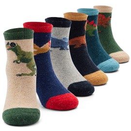 Children's Wool Socks Boys Warm Winter Socks Thick Crew Thermal Socks Cartoon Construction Vehicle Socks 6 Pairs, Dinosaur 2766B