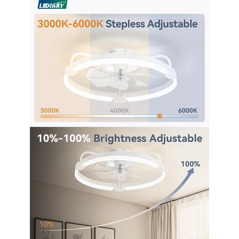 LEDIARY Ceiling Fans with Lights and Remote, 20'' Low Profile