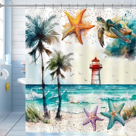 Longan Craft Plam Tree Beach Shower Curtain Ocean Sea Turtle Shower Curtain for Bathroom 72x72 Inch Waterproof Fabric Bathroom Curtain with 12 Hooks Coastal Starfish Bath Curtain Bathtub Decor