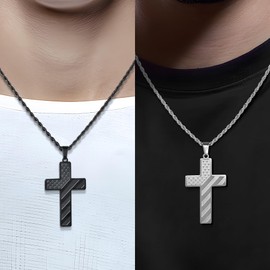 Romass 2Pcs Cross Necklace for Men Boys, American Flag Bible Verse Stainless Steel Silver Black Crosses Necklaces Pendant Chain Jewelry Box Gifts