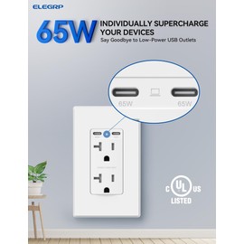 ELEGRP 65W Ultra-Speed USB C Outlet Receptacle for Laptop, 20 Amp Wall Outlet with USB C Ports, Tamper Resistant USB Outlet, Wall Plate Included, UL Listed, 2 Pack, Matte White