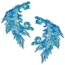 MAYJOYDIY 4 Stück Blaue Pailletten Stickerei Phönix Pfauenfederschwanz Applikation 41×26cm Feder Nähflicken Mit Pailletten Für Hochzeitskleid Abendkleid Hut Kissen Vorhang Tischdecke