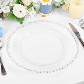 12 Pack Clear Acrylic Round Charger Plates With Silver Beaded Rim, 13 Inch Plate Chargers for Dinner, Plastic Decorative Plates for Wedding, Party, Event Decoration, Tabletop Decor (Silver)