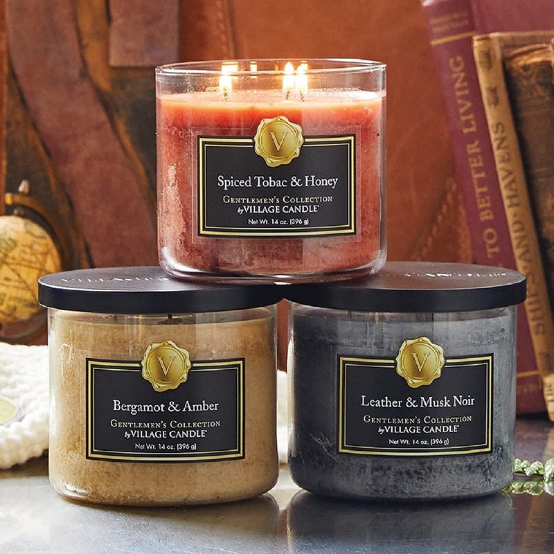 Village Candle Leather & Musk Noir Medium Bowl, 14oz, Black,