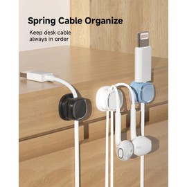 9 Pack Cord Organizer, Spring Cable Management, Adhesive Cute Cable Holder Clips, Phone Charger Wire Keeper for Desk Nightstand Car Office (9-Pack White_Blue_Black)