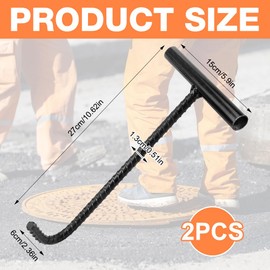 Pack of 2 Manhole Cover Lifters, Afenau 30 cm Gulli Lid Hooks with Thread, Thickened Steel Reinforcement Chute Hooks, Portable Manhole Lid Lifter, T Channel Hook for Manhole Cover, Black