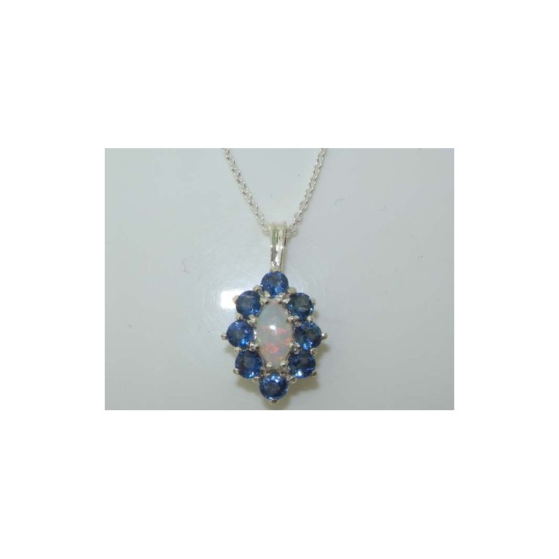 Ladies Solid 925 Sterling Silver Natural Opal & Blue Sapphire