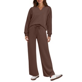 REORIA Women V Neck Activewear Loose Lounge Wear Set Solid Color Tracksuit Co Ord Sets Two Piece Outfit Coffee XL