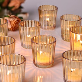 NITIME 24PCS Vintage Ribbed Gold Votive Candle Holders, Glass Candle Holder for Wedding Decorations, Tealight Candle Holder for Table Centerpiece, Diwali, Home and Party Decorations