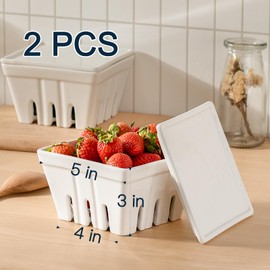 Dizada Ceramic Berry Basket with Lids, Fruit Bowl/Baskets with Covers, 5 Inch Colander For Kitchen, Fruit Bowls for Strawberry, Grape, Cherry, Berries, Stoneware Harvest Bowls Set of 2, White