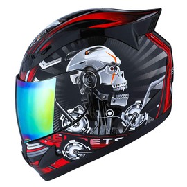 1Storm Motorcycle Bike Full FACE Helmet Mechanic Skull Size Medium - Tinted Visor RED