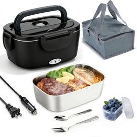 CDBEEE Electric Lunch Box Food Heater - 80W Fast Heating, 1.5L Heated Lunch Box Leak-Proof 304 Stainless Steel Portable Food Warmer, (12V/24V Car/Truck & 110V Home), Ideal for Work/Travel（Black）