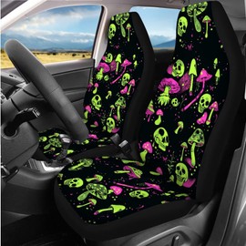 Jndtueit Cartoon Green Skull Mushroom Car Seat Covers Full Set with Automobile Heavy Duty Seat Covers Car Steering Wheel Cover Cup Holders Universal Fit for Car Truck SUV Sedan Van, 12 Pack