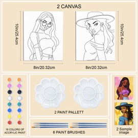 WEBEEDY 2 Pack Pre Drawn Canvas Afro Women Canvas Painting Kit 8x10 Inch Sip and Paint Canvas Outline Pre Printed Canvas Set for Adults Party Night Painting Gift,20x25cm(Elegant Lady)