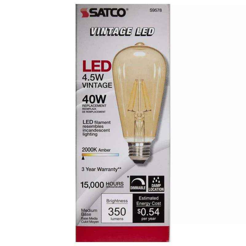 Satco S9578 Vintage Transparent Amber Filament LED Bulb 4.5W ST19
