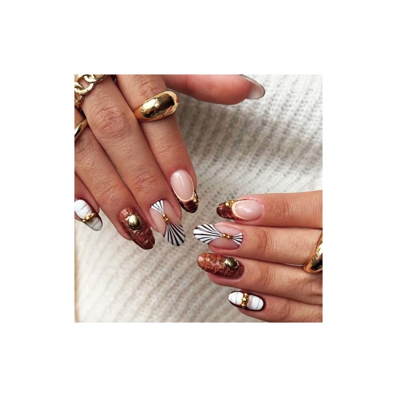 Uñas postizas de almendra, color marrón, tamaño mediano, estilo francés,