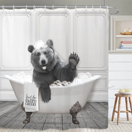 Yookeb Funny Bear Bathroom Shower Curtain 71W by 71H Inch Animal Farmhouse Cabin Hello Sweet Cheeks Rustic Polyester Fabric 12 Plastic Hooks Waterproof Decor
