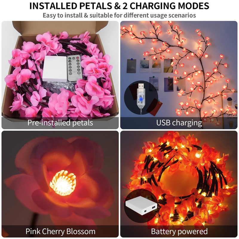 FNHMSL Cherry Enchanted Willow Vine Lights, 7.55FT 144LED 2PCS Pink