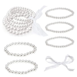 Cosswe Pearl Bracelet, 10 Pieces Artificial Pearl Bracelet Set Beads Stretch Bracelet Stackable Bracelet Sets for Women Bridal Shower Wedding 1920 Accessories White Faux Pearl, Acrylic