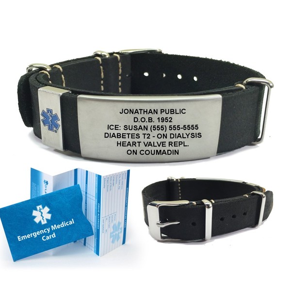 Top Grain Leather NATO Medical ID Bracelet. Incl.6 Lines Custom Engraving - Black