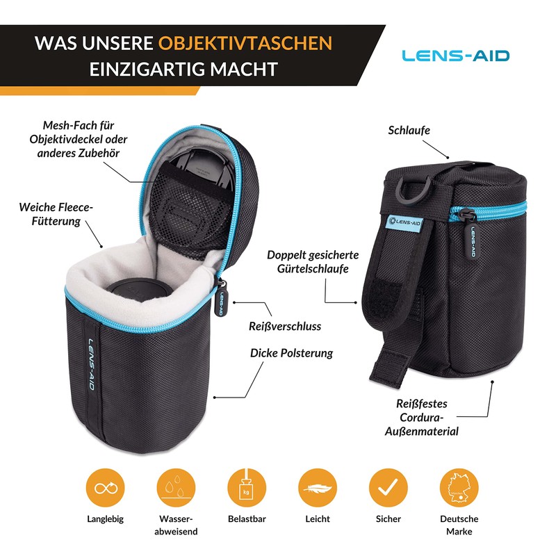 LENS-AID Thick Padded Lens Bag: Lens Case with Zipper and