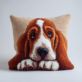 DIY Latch Hook Pillow Kit Cartoon Cute Basset Hound Dog Portrait 43x43cm-1