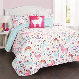 PB&J Unicorn Heart 5 Piece Quilt Bedding Set, White/Multi, Full/Queen