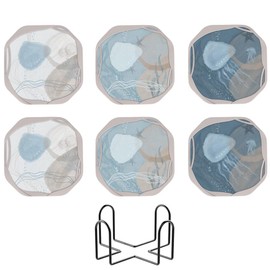 UMIRRO Absorbent Coasters for Drinks with Holder, Coastal Themed Design, Perfect for Beach Lovers, Ocean Inspired Cup mats for Wooden Coffee Table, Non-Stick, Unbreakable, 4", Octagonal, Blue, 6 Pack
