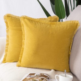 MADIZZ Set of 2 Suede Throw Pillow Covers with Fringe Tassels 18x18 Inch Yellow Soft Decorative Cushion Cover for Sofa Bedroom Pillow Shell