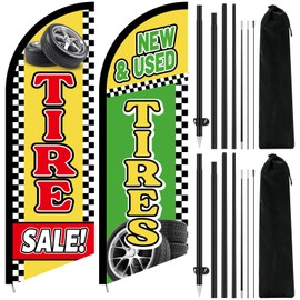 Fanfanwin 2 Pcs 8.2 Feet Tire Sale King Flags New and Used Tires Shop Feather Flags with Pole for Businesses Highly Visible Weatherproof Polyester Banner to Sale Tyre Advertising Signs Supplies