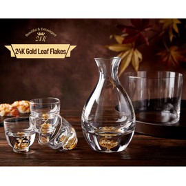 DUJUST Sake Set for 4, Crystal Sake Glass Decorated with 24K Gold Leaf Flakes, 1 Sake Bottle, 1 Sake Tank and 4 Sake Cups/Shot Glass, Cold Sake Carafe, Beautiful & Luxury Japanese Gifts Set - 6 pcs