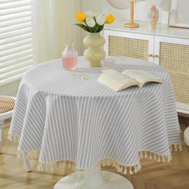 meioro Striped Tablecloth, Rectangular Tablecloth with Tassels, Washable Tablecloths, Decorative Table Linen for Kitchen, Dining Room and Tabletop (Grey/White Stripes, Diameter 150 cm)