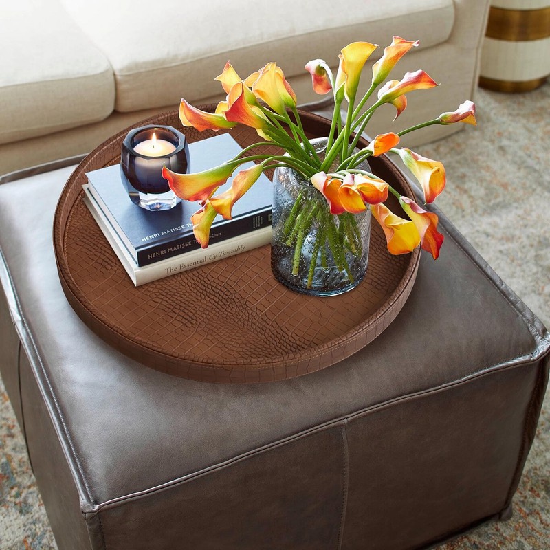 HofferRuffer Round Serving Tray 20'', Elegant Faux Leather Circle Ottoman