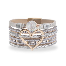 Leather Cuff Bracelet for Women Multi-Layer Heart Wrap Bracelet Bohemian Rope Cuff Bangle for Girls (silver)