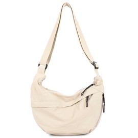 Sanxiner Crescent Crossbody Bags for Women Nylon Slouchy Sling Hobo Bag,Spacious Dumpling Shoulder Handbag Trending Cross Body Purses（2-A Beige）