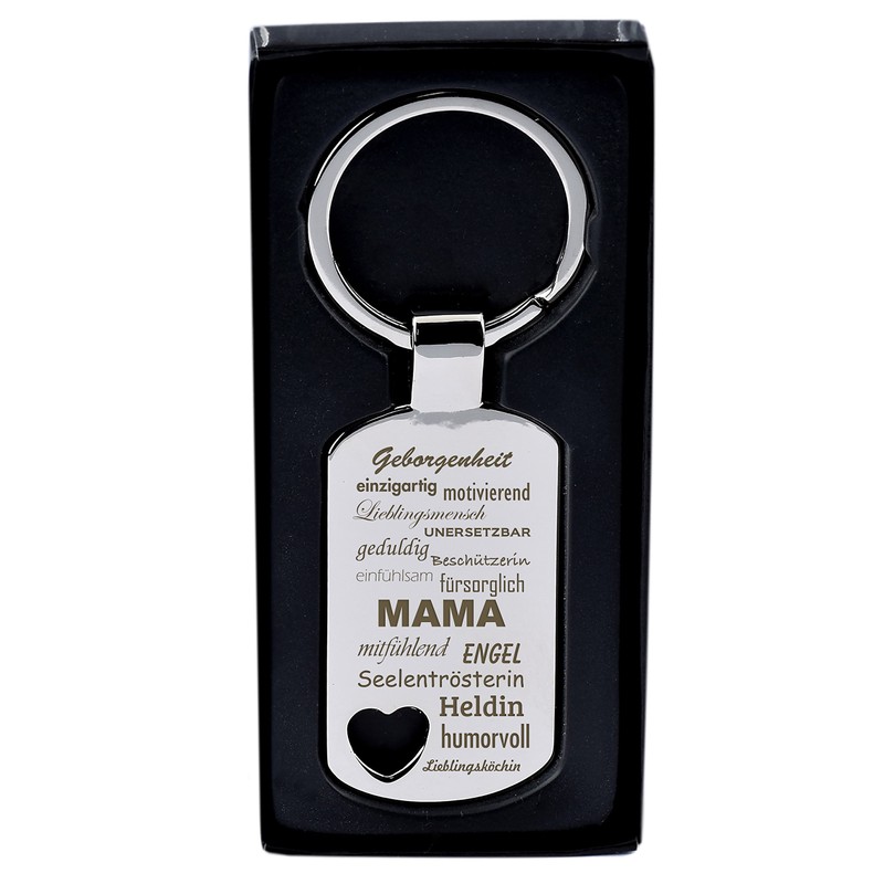 Keyring pendant with heart cut-out and engraving "Eigenschaften einer Mama"